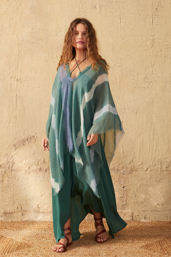 RAFAELE SHORT PONCHO TIE AND DYE PASHMINA - LAGON GREEN COMBO